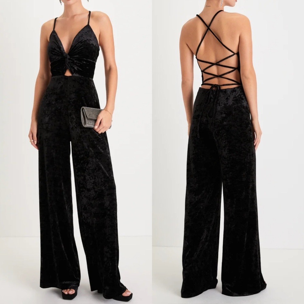 Lulu's Black Velvet Twist-Front Lace-Up Back Jumpsuit